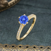 6-Prong Classic Round Cut Sapphire Engagement Ring Pave Bridal Ring